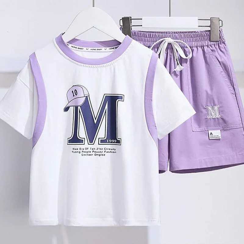Clothing Sets Summer Teenage Girls Clothes Set Children Letter Printed Tshirts and Shorts 2pcs Suit Kid Fashion Top Bottom Outfits Tracksuits H241214
