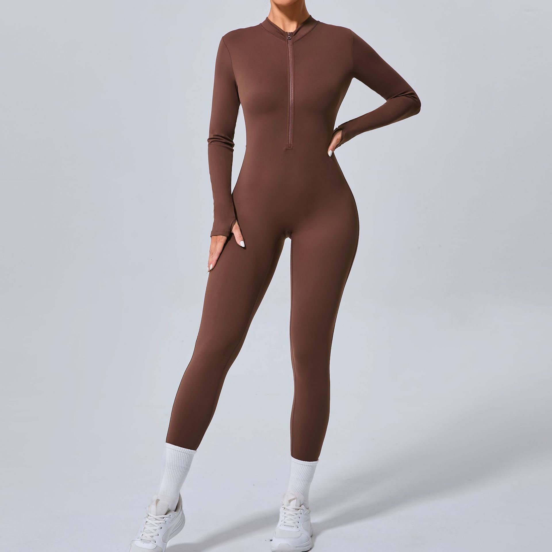 Half Zipper Workout Yoga Jumpsuit Sports Overalls Women Long Sleeve Slimming Thumb Gym Clothing Running Fiess Suits Tracksuit
