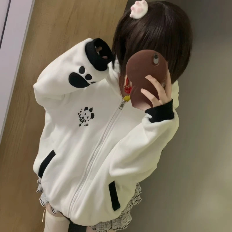 Y2k Cartoon Panda Embroidered Polar Wool Jacket Womens Hoodie Casual Loose Zipper Sportswear Aesthetics Japanese Folded Top 241209
