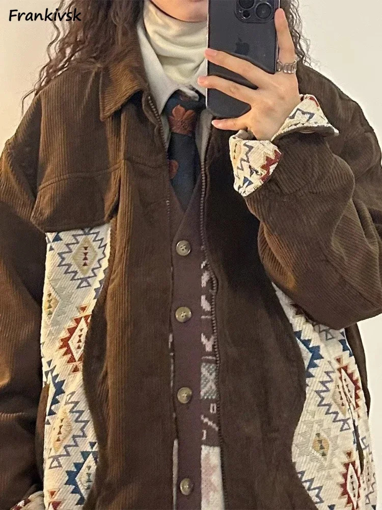 Women Jackets Geometric Contrast Color Leisure Fashion Versatile Retro Japanese Style Chic Streetwear Blocking Coats Warm Daily 241214
