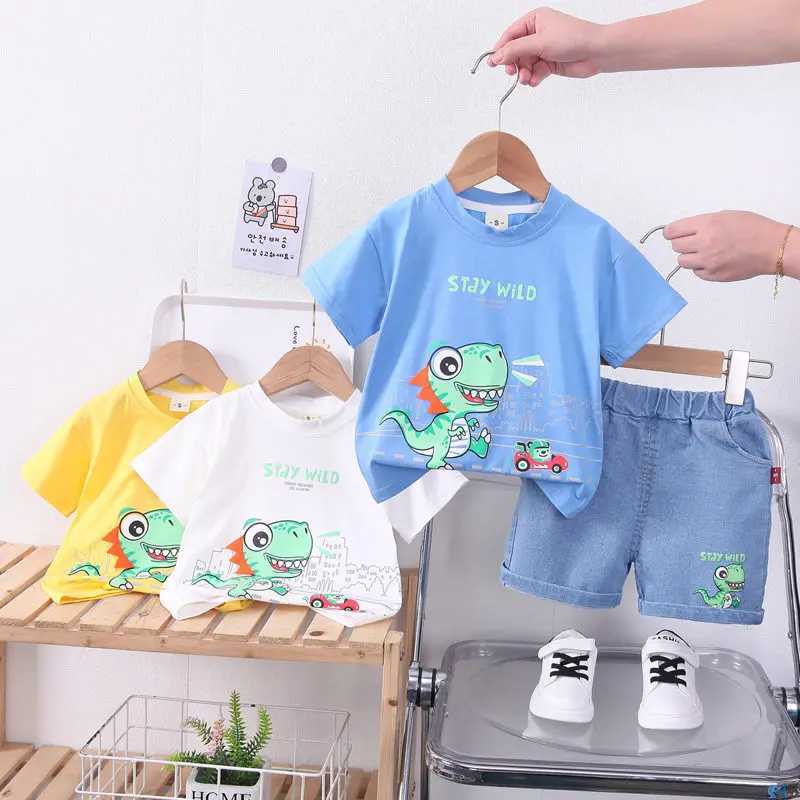 Clothing Sets New Kids Cartoon Car Outfit Dinosaur T-shirt Shorts 2Pcs/Set New Fashion Baby Boys Girl Clothing Children Tracksuits 0-5 Years H241214