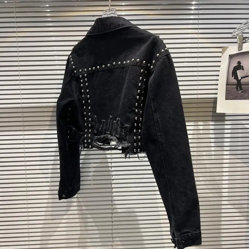 DEAT Womens Denim Jacket Embroidered Sparkling Hole Black Thick Faux Fur Short Womens Coat 2025 Spring 11A01605 241210