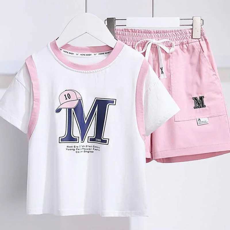 Clothing Sets Summer Teenage Girls Clothes Set Children Letter Printed Tshirts and Shorts 2pcs Suit Kid Fashion Top Bottom Outfits Tracksuits H241214