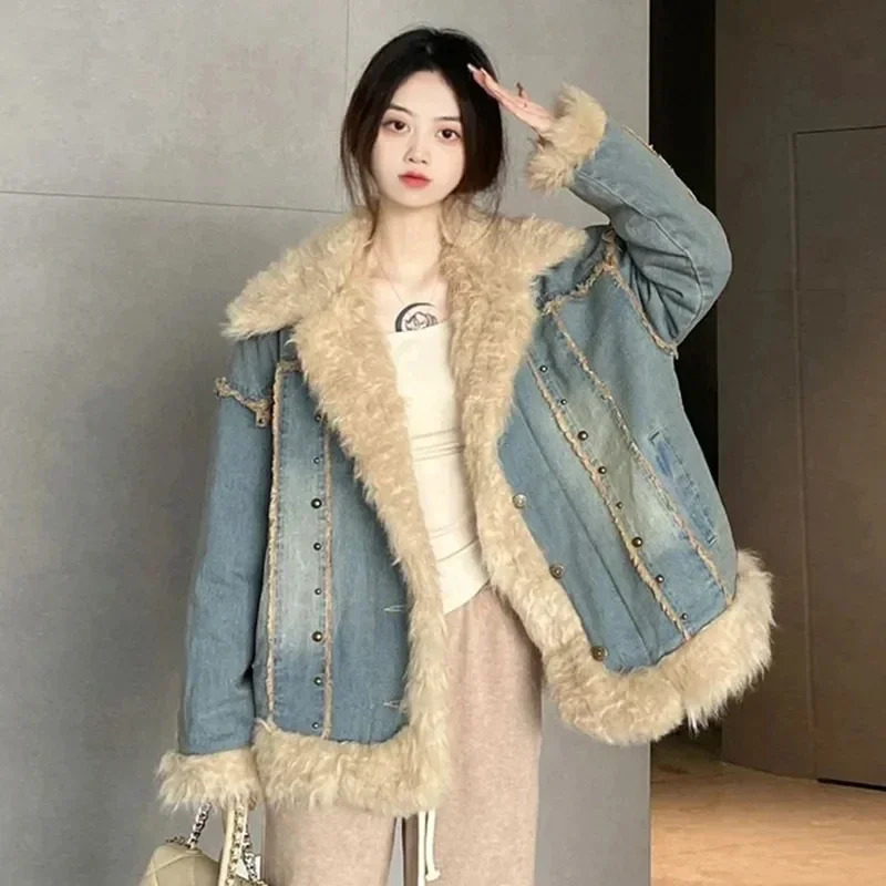 Autumn and Winter Vintage Denim Cashmere Jacket Womens Short Jacket Loose Splicing Thick Wool Cotton Jacket 241210