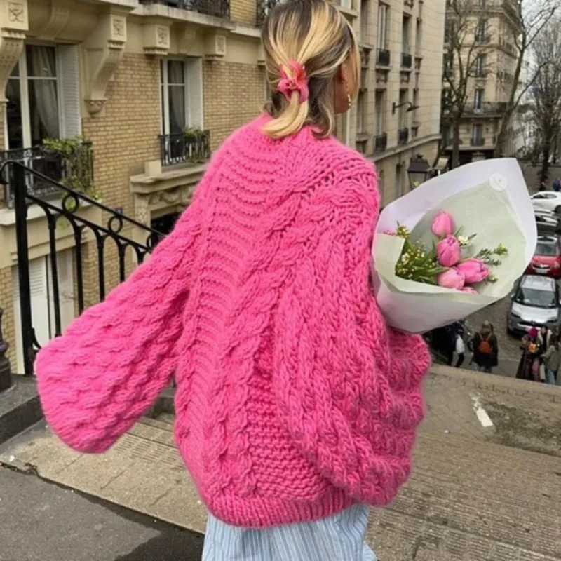 autumn and winter loose knitted sweater with floral pattern for womens casual lazy round neck solid sleeves women 241211