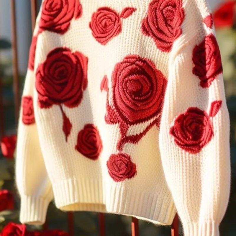 OMCHION Abrigo Mujer 2024 Knitted Winter Top Red Rose Sweater Womens Loose Zipper 241211