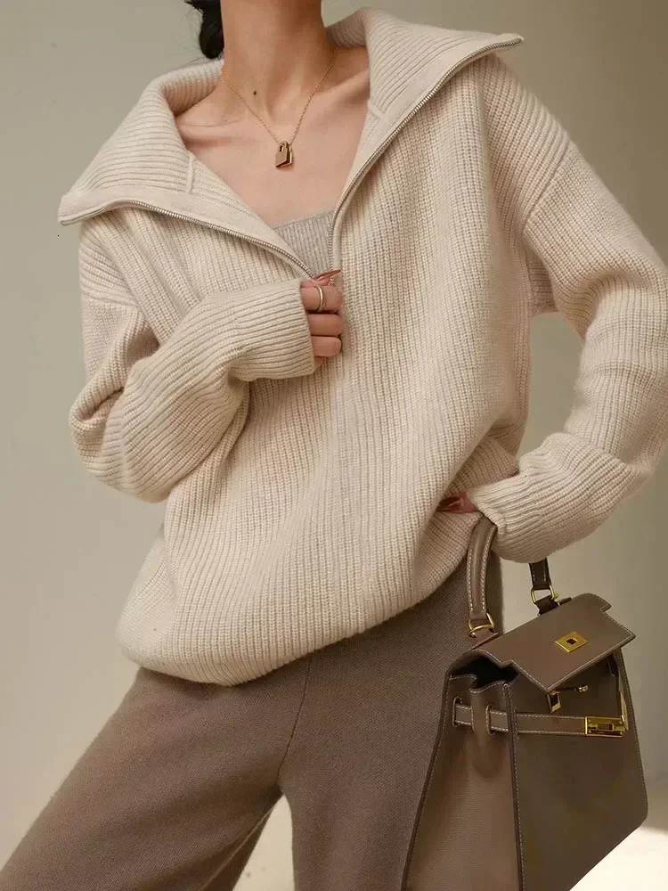 Winter womens turtle neck knitted fashionable zipper sweater oversized solid gray black casual long sleeved suitable for women 241211