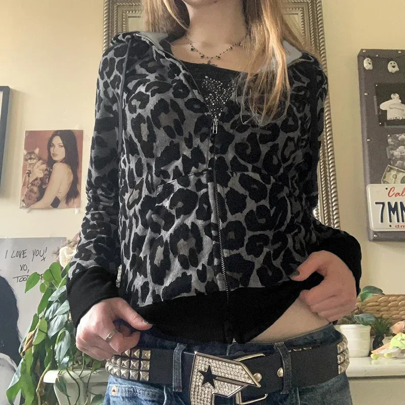 Y2K Leopard Print Velvet Hoodie Grunge Loose Zipper Hoodie Comparison Stickers Work Cardigan Retro Warm Coat 241214