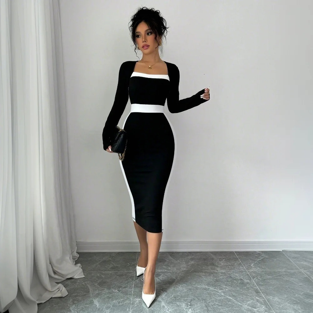 Autumn Winter Womens Sweater 2024 Arrival Square Neck High Waist Long Knitted Dress Korean Maxi 241212
