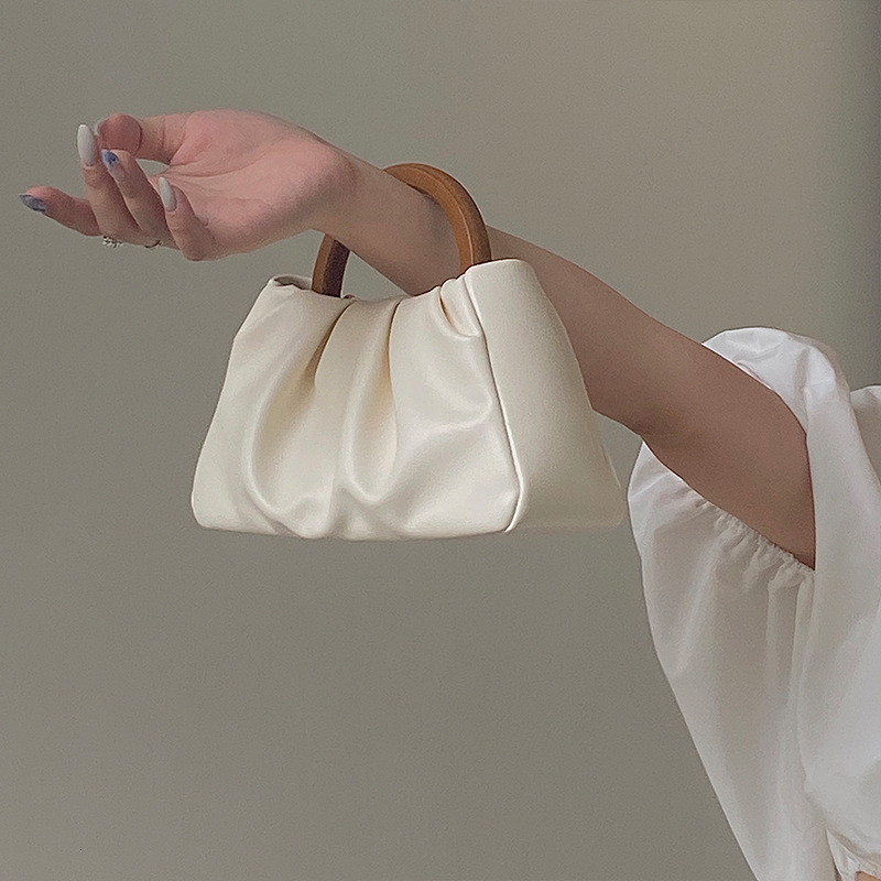 New Designer Wooden Handle Pleated Cloud Bag Hand-held Women's Bag Shoulder Bag Slanted Mini Bag