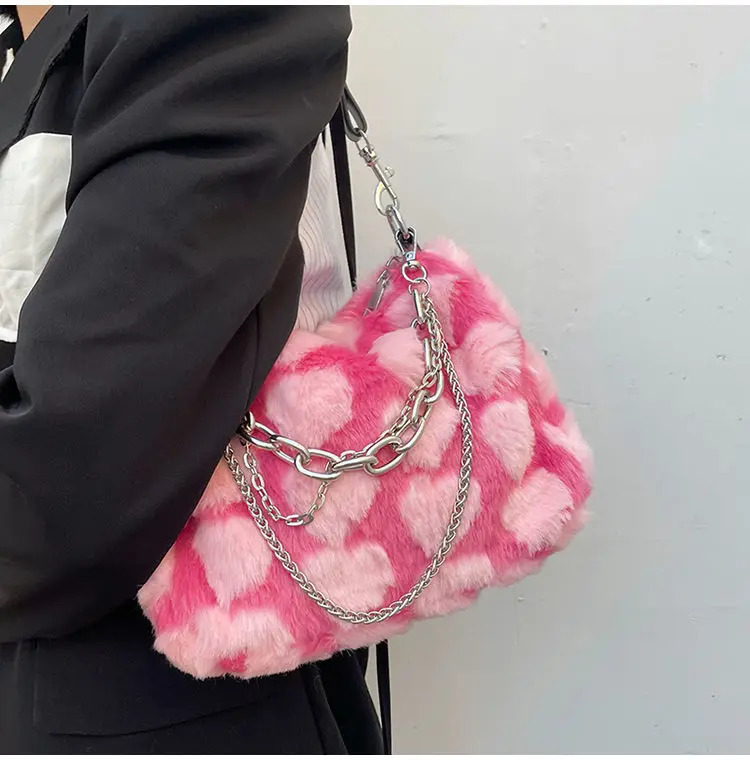 Y2k Pink Love Underwear Bag Soft Plush Heart Pattern Womens Shoulder Bag Womens Chain Fur Cross Bag Handbag 241213