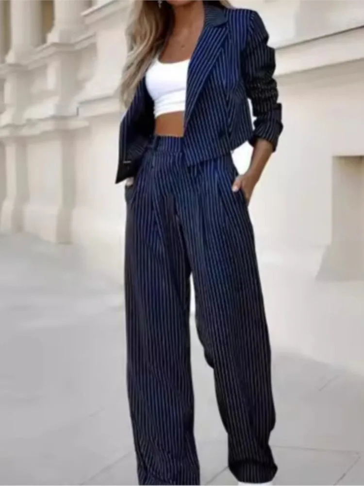 Two piece womens casual suit Srtip short collar jacket set straight leg pants 2piece autumn 241212