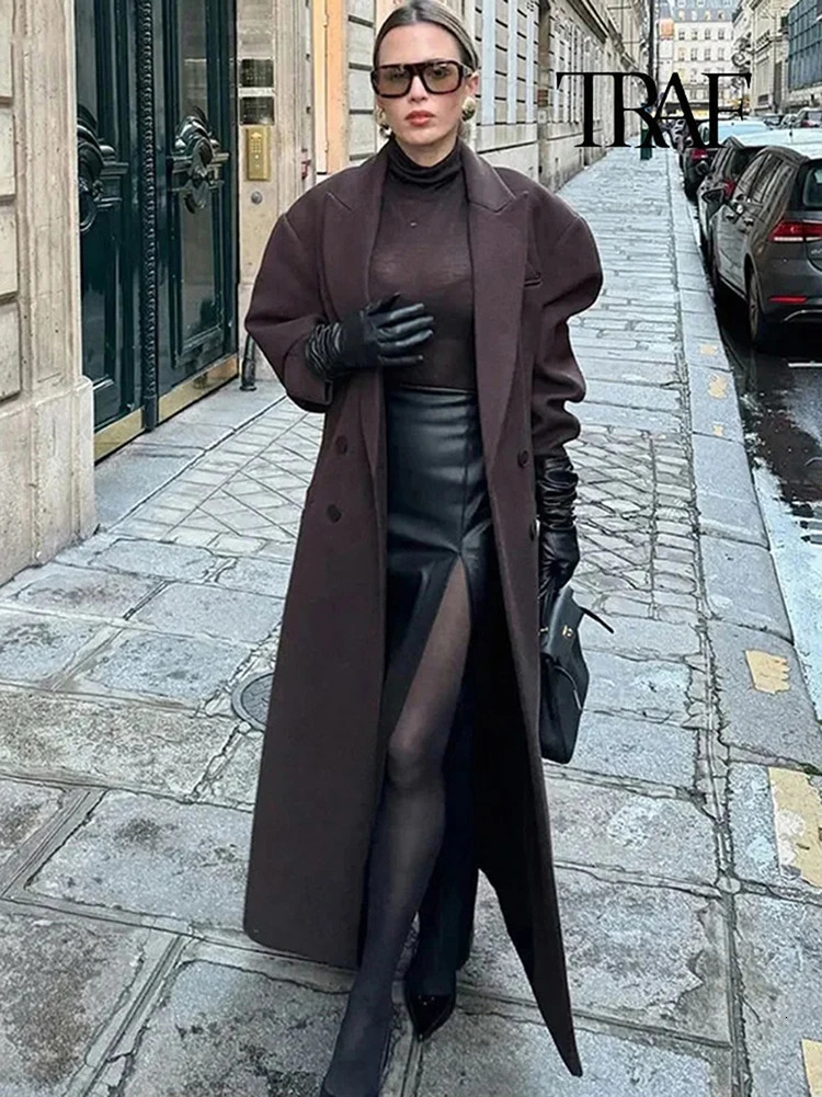 TRAF Women Fashion Double Breasted Lapel Wool Coat Elegant Long Sleeve Casual Pocket Autumn and Winter Warm Street 241210