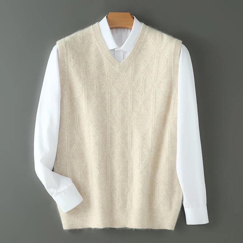 AutumnWinter Waistcoat Mens VNeck 100%Pure Mink Cashmere Vest Knitted Pullover Sweater Youth Business Loose Sleeveless Jacket 241209