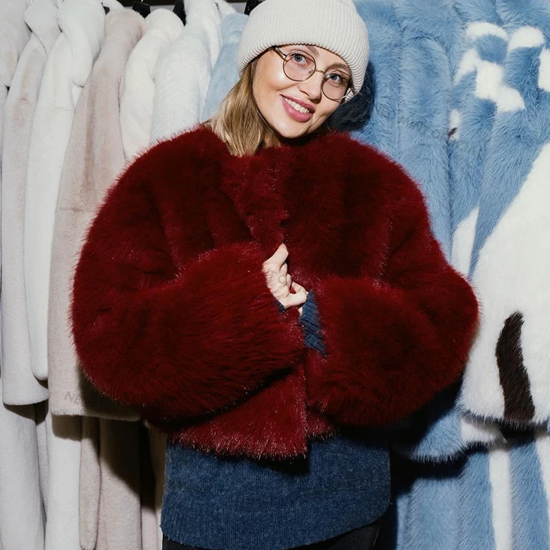 Neo Mint 2025 Ancora Red Christmas Year Fur Coat Women Cropped Faux Fox Jacket Chic Trendy Fluffy Furry Outerwear Female 241211