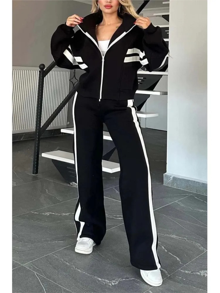 Autumn Winter Womens Hoodie Y2k Zipper Loose Jacket Coat And High Waist Side Striped Sports Pants Set 241214