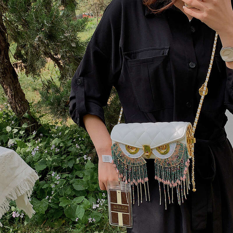 Bag, women's tassel dia grid chain cydrical fashionable and funny owl single shoulder crossbody small round bag, 2024 temperament versatile new t