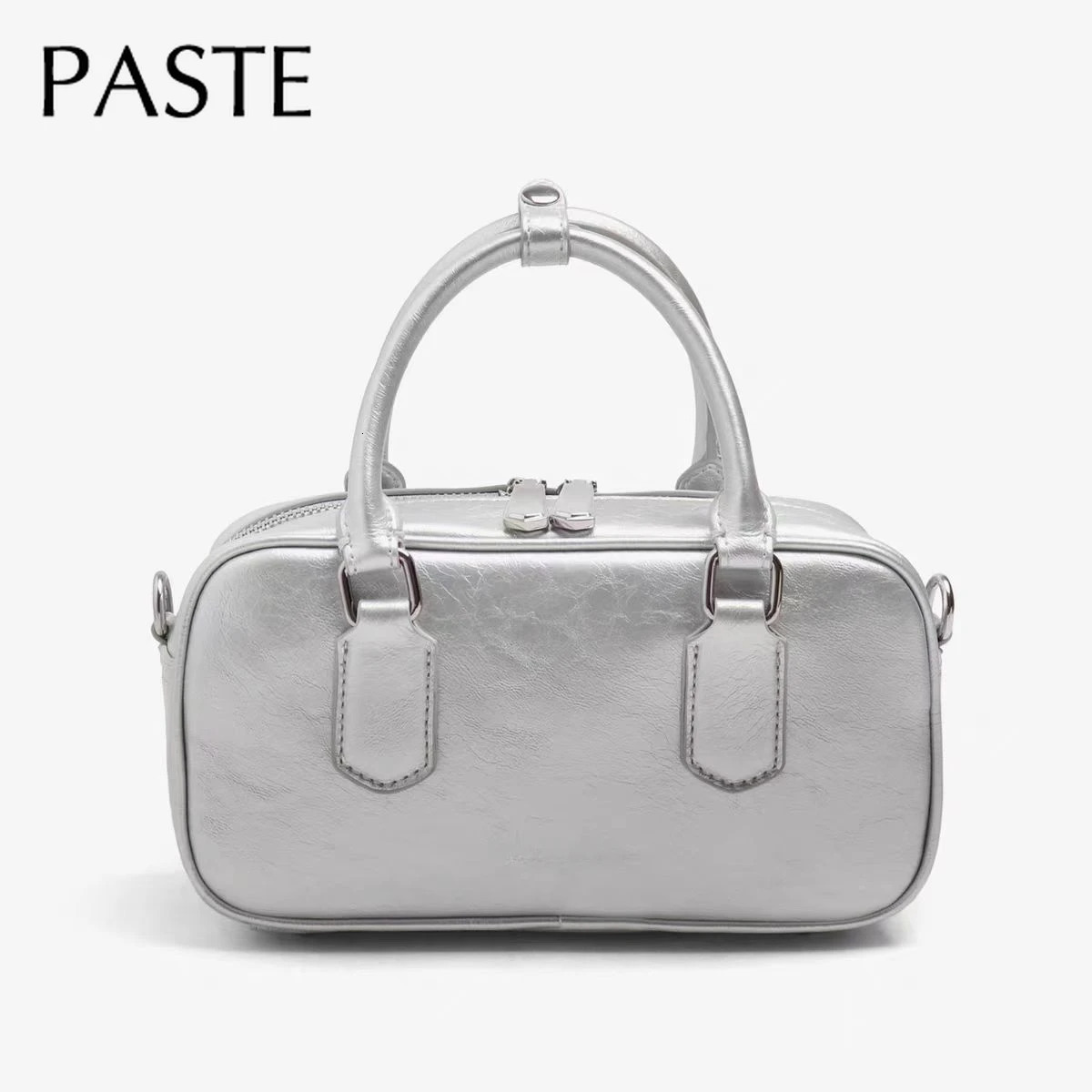 2024 simple Boston bowling tote bag silver black glossy denim leather womens shoulder bag square Versatile womens handbag 241212