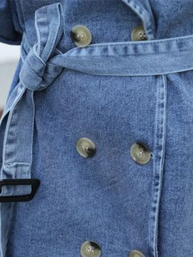 Fitaylors spring and autumn womens fashionable denim collar jacket double chest lace long retro solid color 241211