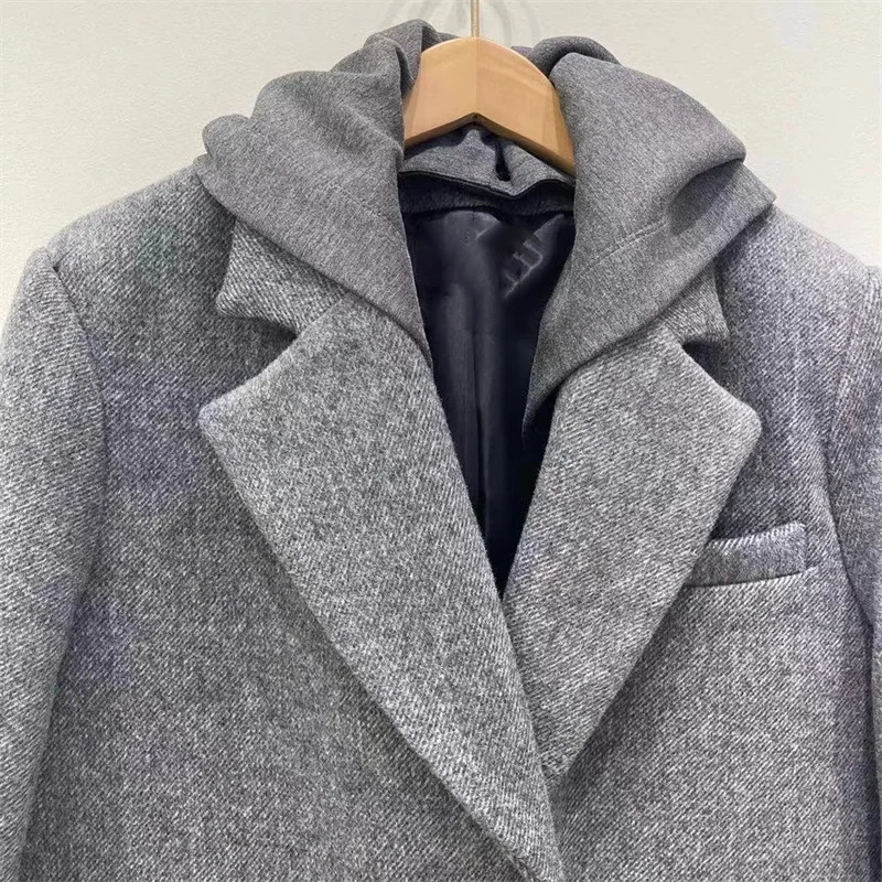 womens blazer winter in outerwears highquality wool blend suit jacket Shoulder pad slim fit hood Womens coat 241209