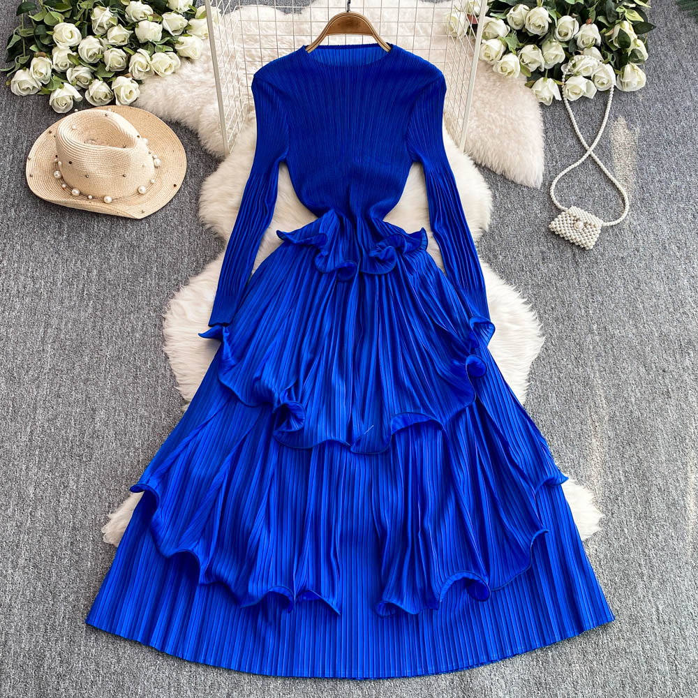 Casual Dresses Elegant Oversized Long Sleeve Pleated Draped Women O-Neck Ruffles High Sretch Party Robe Vestidos Ladies Spring Summer Clothing 2025