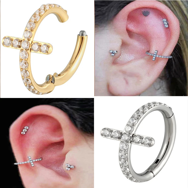 1PC G23 Piercing Conch Cartilage Earring Clicker Nose Ring Hinged Segment Hoop Ear Clip Cross Zircon Piercing Jewelry 241214