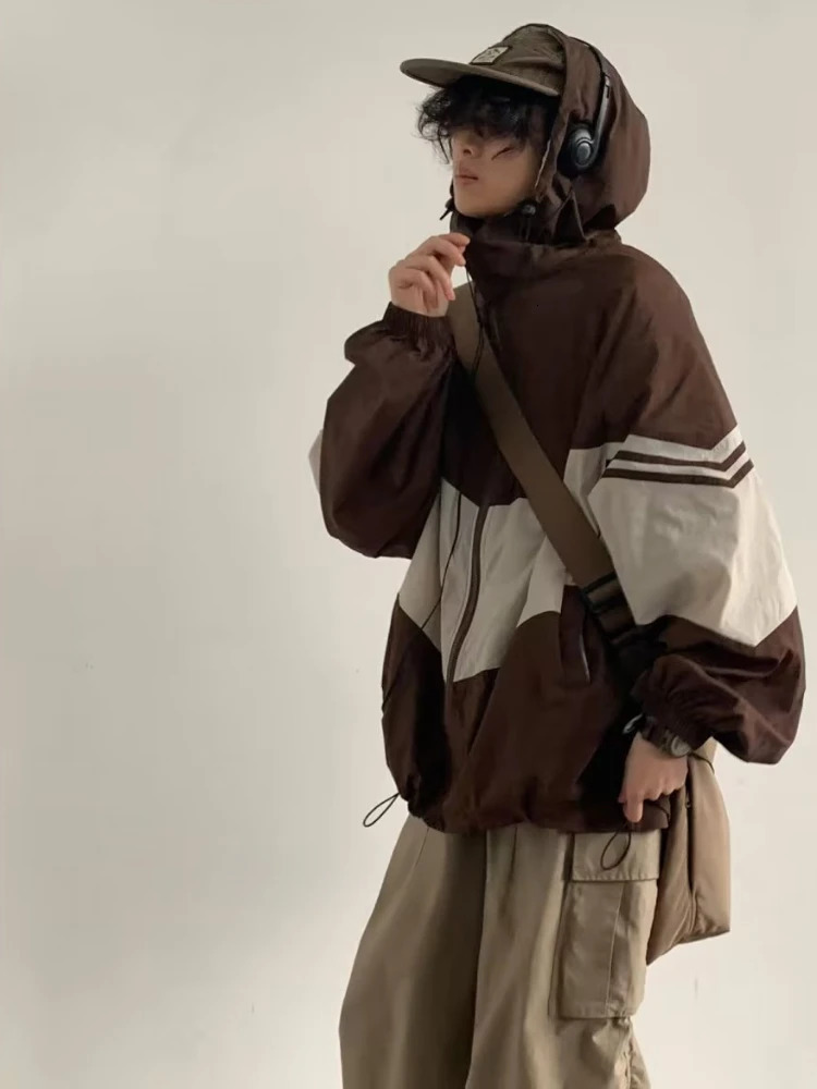 Mens jacket hoodie pocket patch color scheme is fashionable comfortable waterproof casual retro Japanese style fashionable 241214