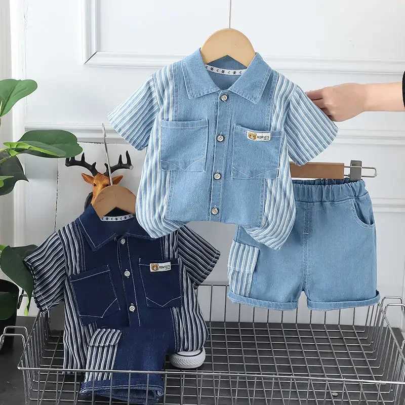 Clothing Sets Summer Kids Boys Clothing Children Casual Denim Short Sleeve Shirt+ Shorts Pant 2Pcs/Set Kids Sportswear Toddler 1 2 3 4 5 Ages H241214