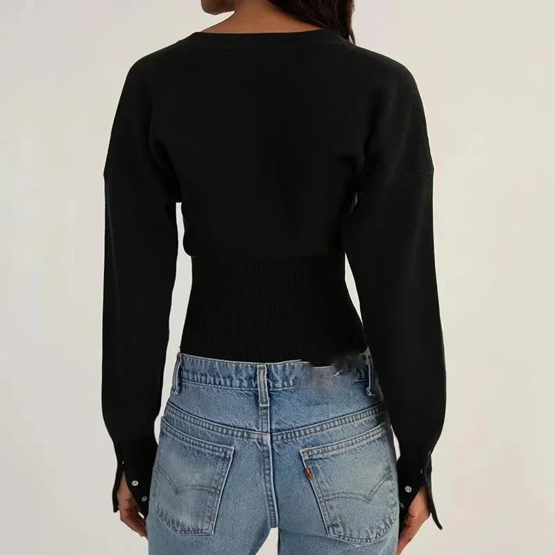 Ribbed Knit Cardigan Tshirt Long Sleeve Women Slim Fit Oneck Crop Top Button Korean Chic Clothing Sweater Streetwear 241214