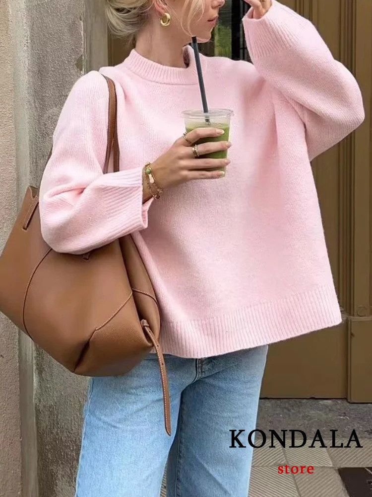 Kondala Fashion Casual Solid Pink Womens Knitted Sweater ONeck Long Sleeve Sweetheart Pullover 2023 Autumn Large Basic Top 241211