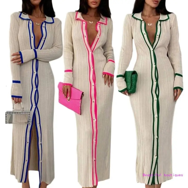 Ribbed Knitted Womens Long Open Skirt Vneck Sleeve Button Down Jacket 241212
