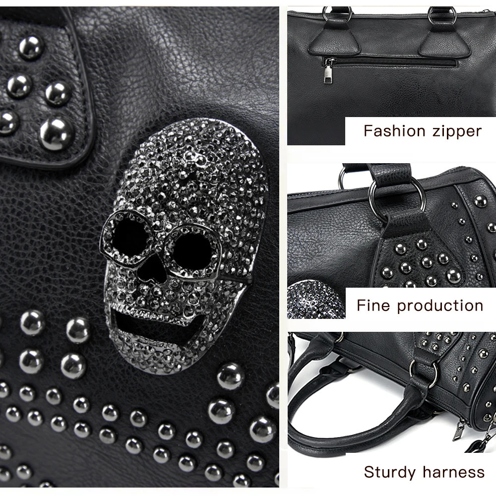 Annmouler Womens Bag Trend Large Capacity Boston Bag Black Skull Handbag Pu Leather Handbag Rivet Ten Font Wallet 241212