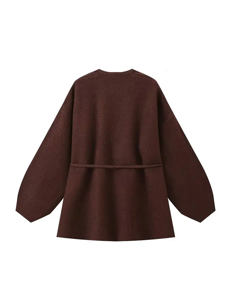 TRAF Autumn Casual Chic Women Knitted Suit Solid VNeck Long Sleeve Laceup Jackets Loose Pants Fashion 2 Piece Sets 241209