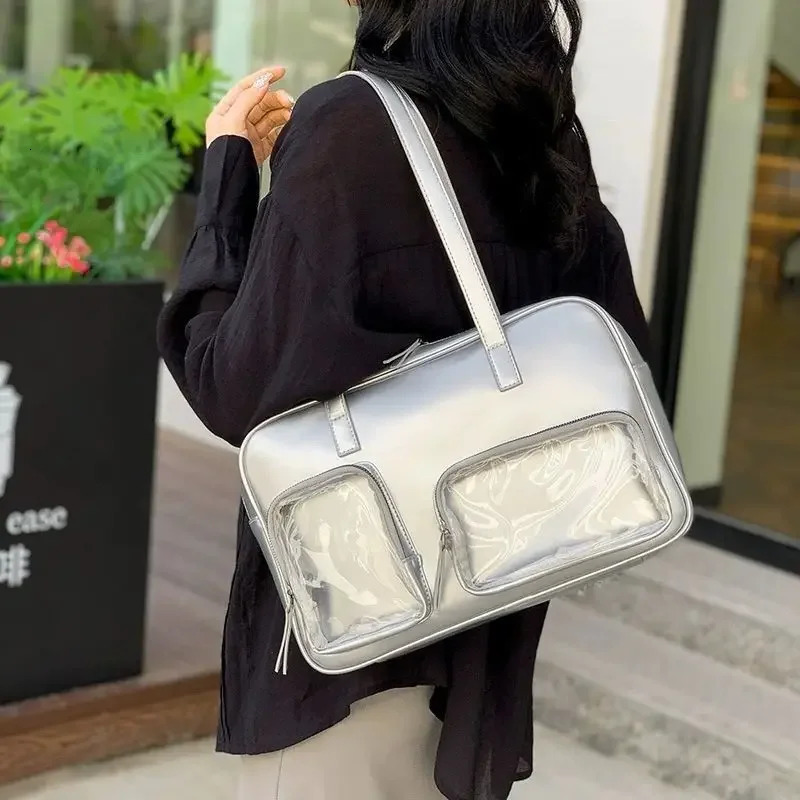 Xiuya Silvery Womens Handbag Lolita Fashion Edition Large Capacity Itabag 2024 Casual Pu Leather Underwear Shoulder Bag 241212