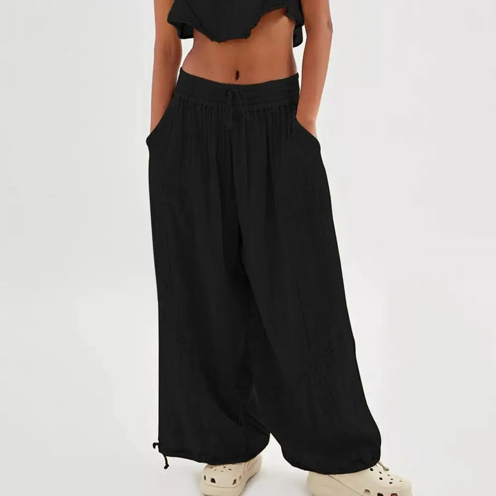 Womens harem pants summer casual retro cotton linen elastic waist wide leg fashionable loose pocket womens Trousers S5XL 241212