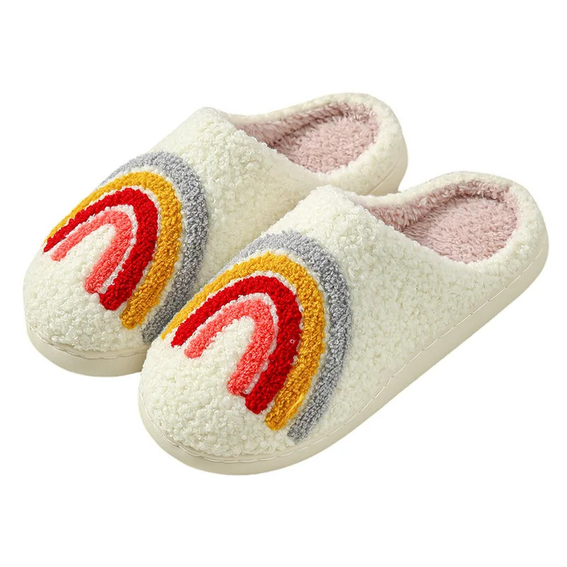 Winter Cotton Slippers Women Home Rainbow Warm Fluffy Slides Indoor House Plush Flip Flops Female Antislip Soft Shoes Wholesale 241214