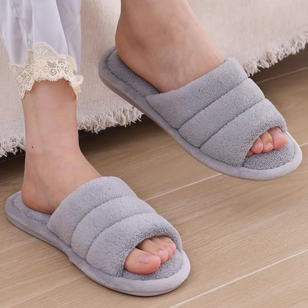 Comwarm Plush House Slippers For Women And Man Open Toe Cozy Cotton Shoes Indoor Outdoor Flat Soft Breathable Nonslip Sandals 241214