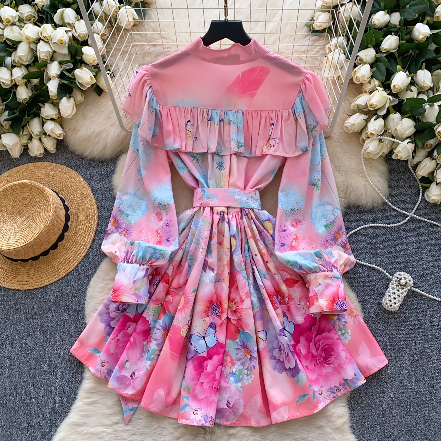 Dresses 2025 Spring Summer Gorgeous Wer En Robe Dress For Women Ruffles Long Lantern Sleeve Single Breasted Belt Mini Vestidos