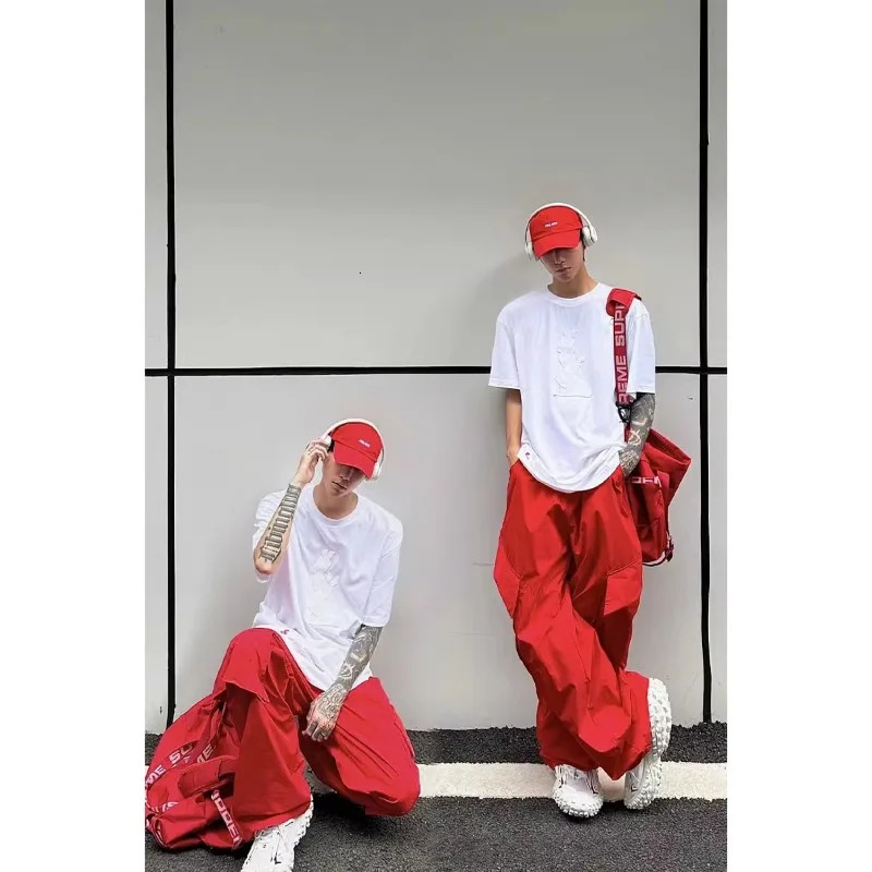 Pants Mens Summer High Street Red Vibe Thin Loose Wide Leg Casual Trousers Solid Color Pockets Cargo Straight Long Pants 241214