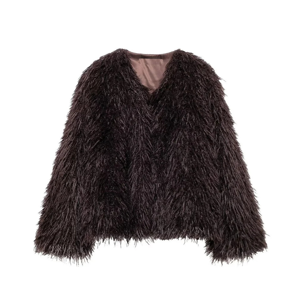 RARF loose faux fur effect round neck long sleeved short jacket for womens autumn and winter style 241211