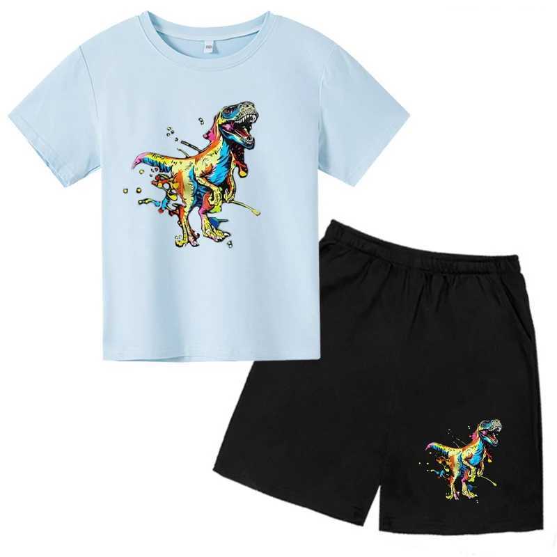 Clothing Sets 2024 New Graffiti Art Series Colorful Dinosaur Pattern Design Printed Boys Girls T-shirts+pants 2PCS Suits Chilren Clothes Sets H241214