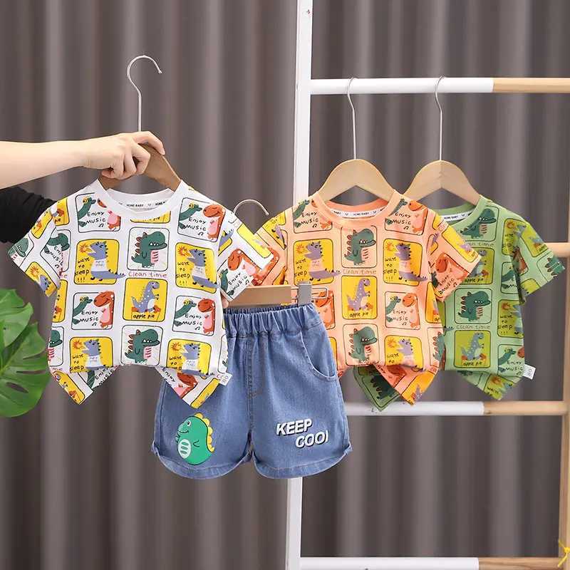 Clothing Sets Summer Children Kids Boys Girls Colorful T-Shirt Denim Shorts 2pcs/Set Toddler Fashion Clothing Kids Tracksuit 0-5 Years H241214