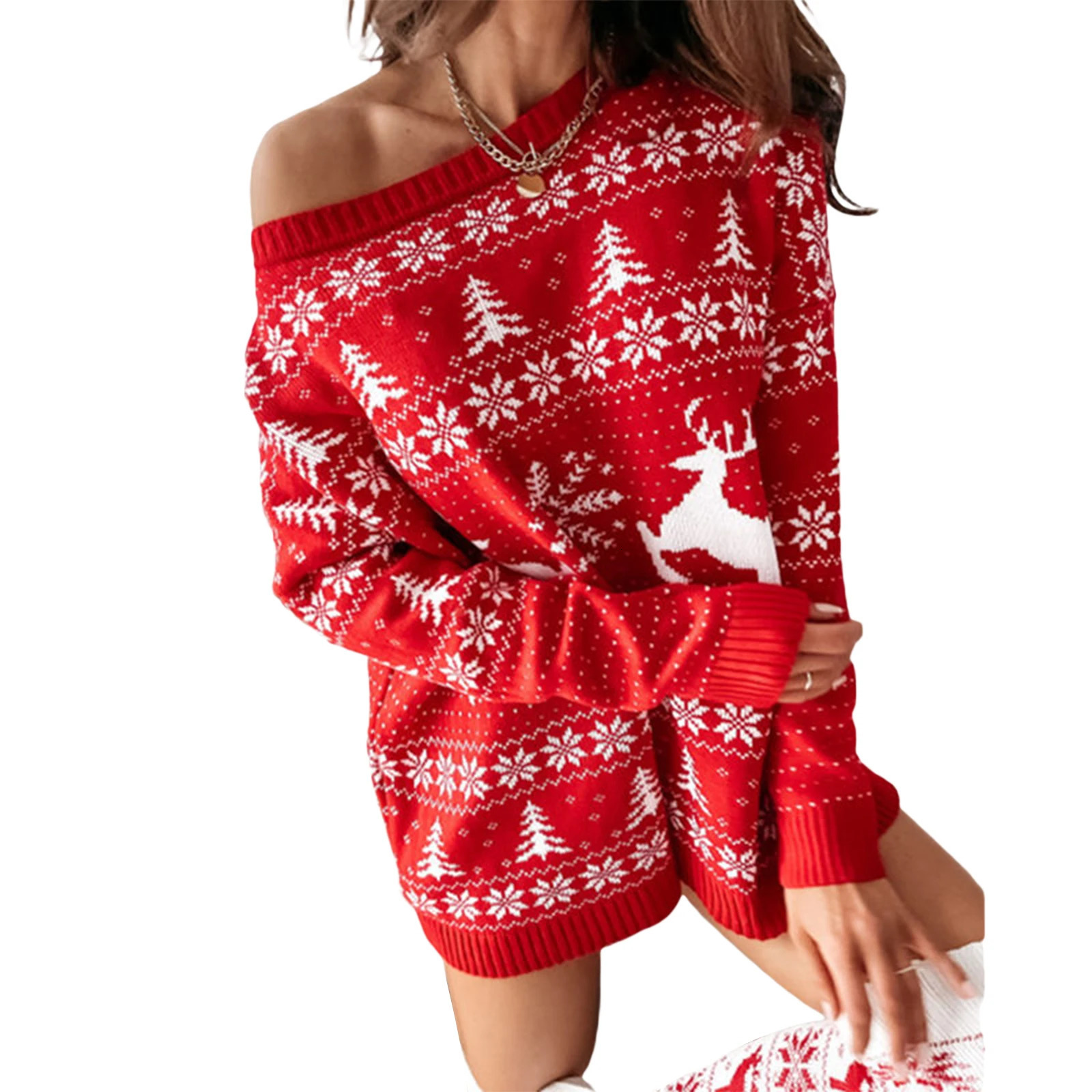 Christmas Sweater Dresses for Women Cute Pattern Xmas Pullover Knitted Long Sleeve Jumper Holiday Winter Mini Dress 241212