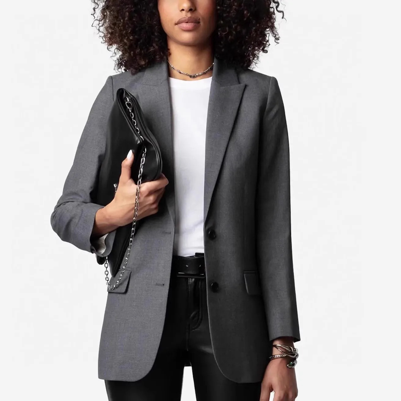 embellished Rhinestone Blazer women grey button fastening pockets long sleeve autumn winter jacket 241209
