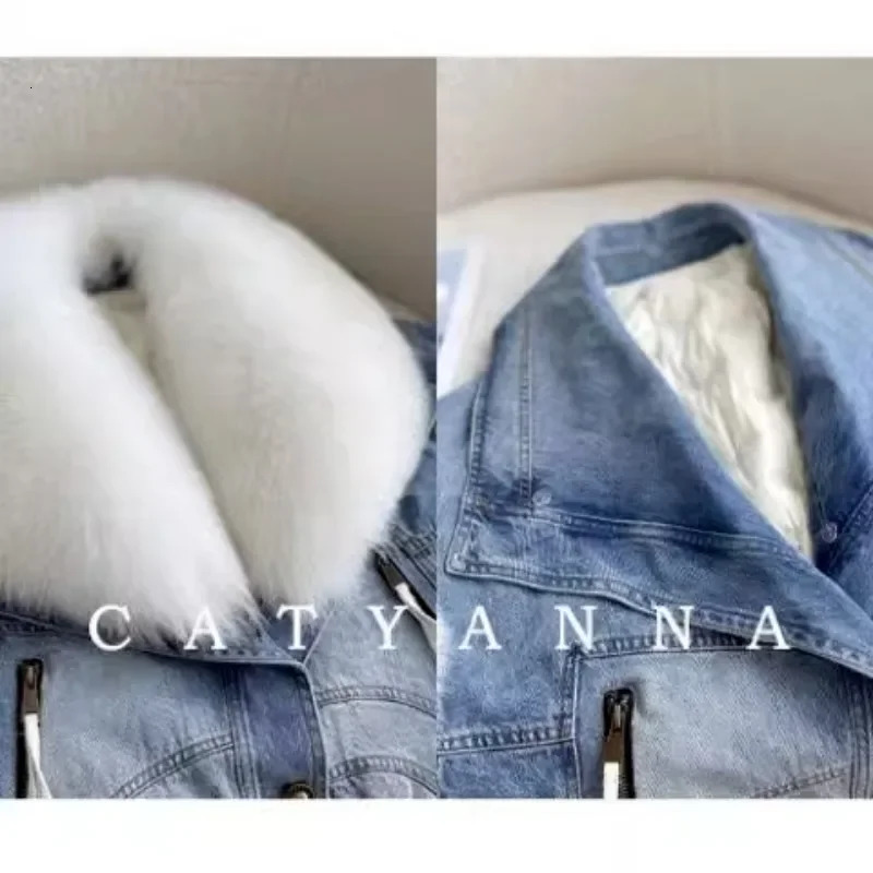 High Quality Womens Down Cotton Jacket Explosive Fur Coat 2025 Winter Oversized Fox Hair Detachable Denim Jacket 241213