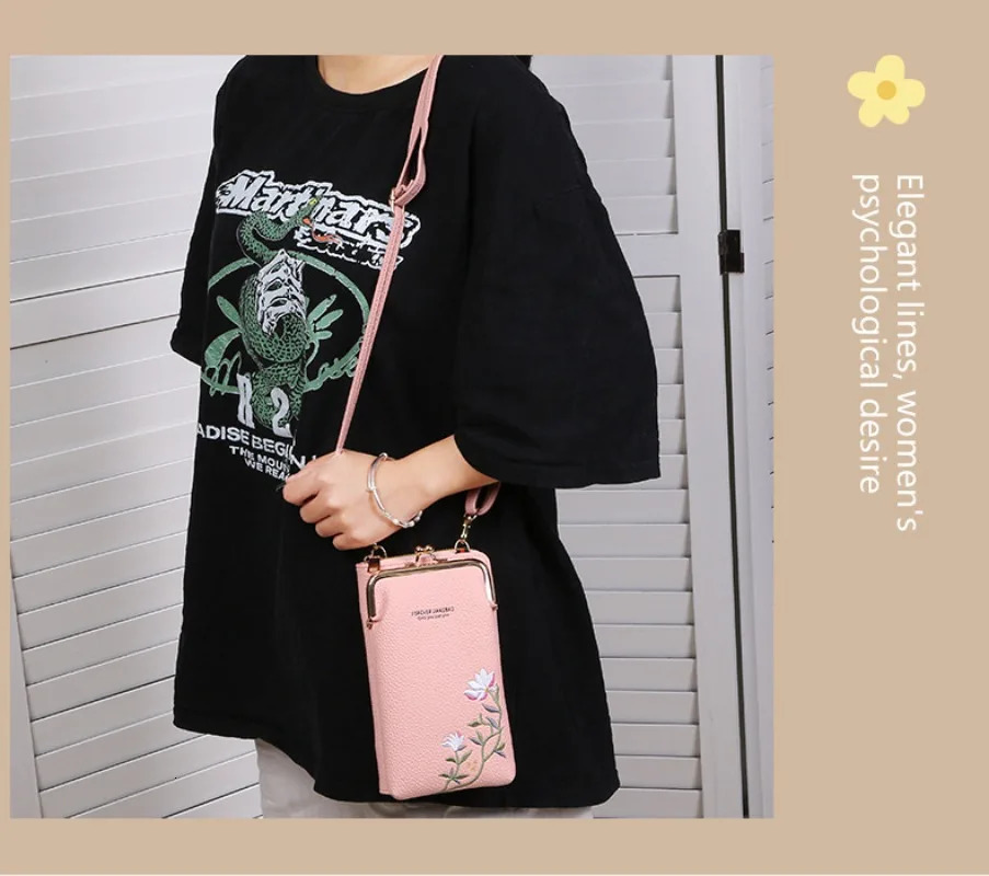Womens long embroidered phone bag womens shoulder strap handbag cross body bag womens wallet coin wallet card holder 241213