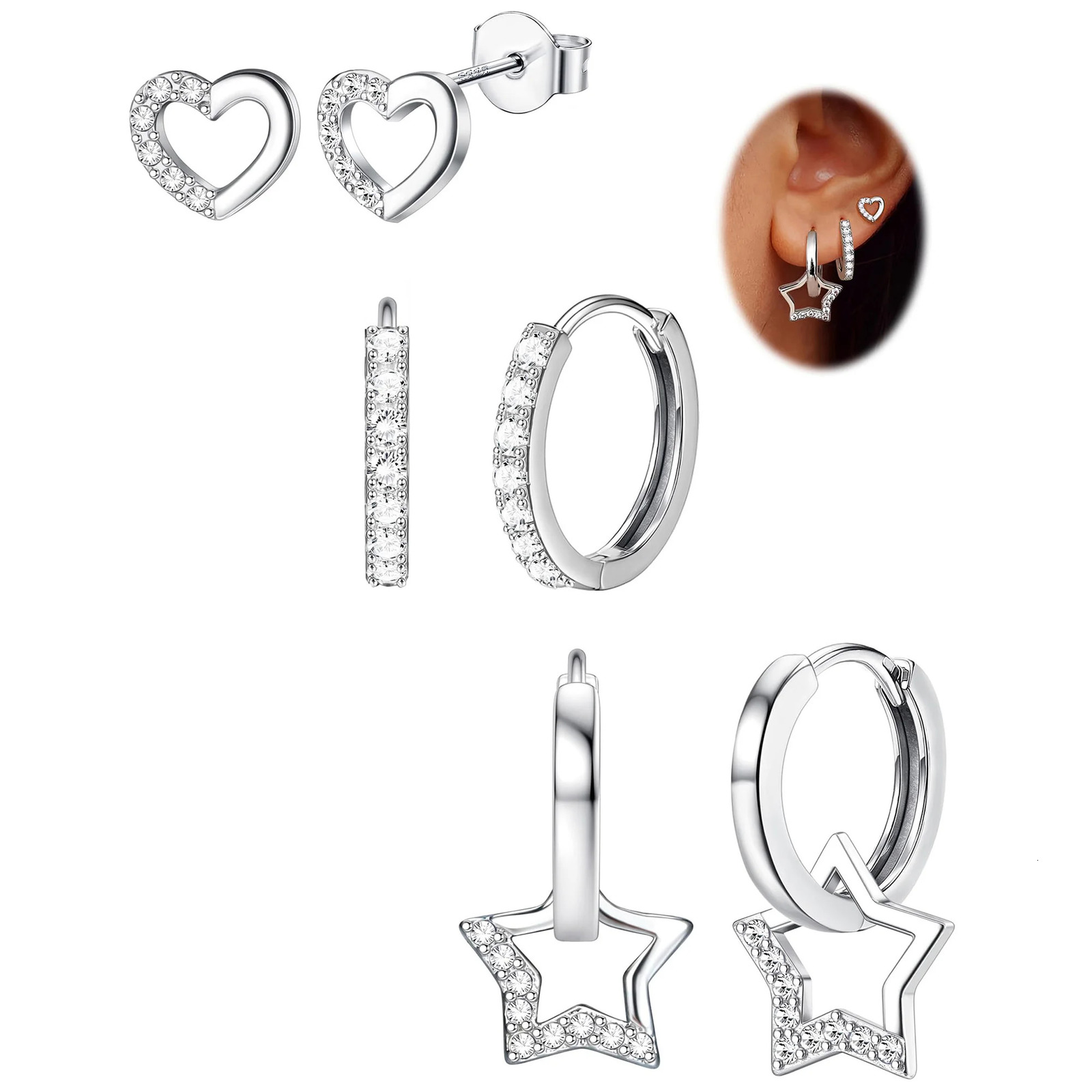 Drperfect 3pairs Earrings for Women Hypoallergenic Heart Star Stud Hoops Dangle Earrings Set for Women Studs Hoop Earring Sets 241214
