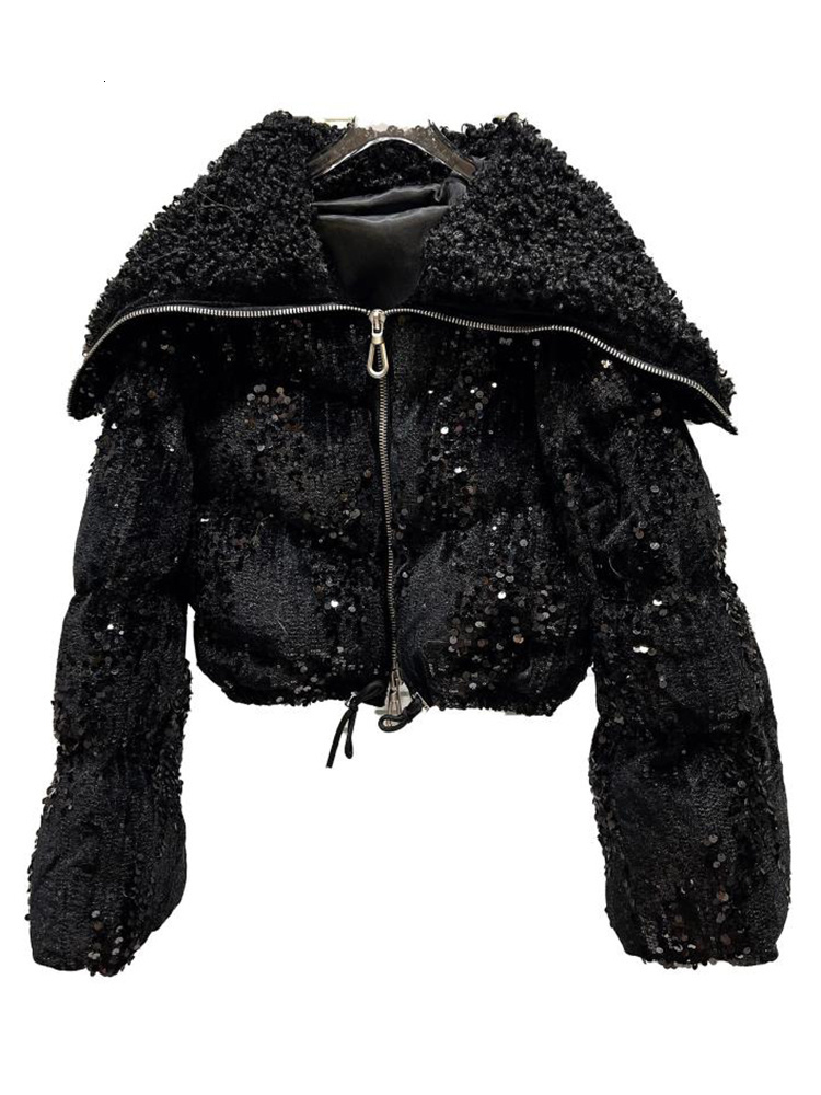 Winter New High-Quality Temperament Fashion Tweed Navy Collar Sequined Loose Long Sleeves Short Cotton Jacket 11P0430