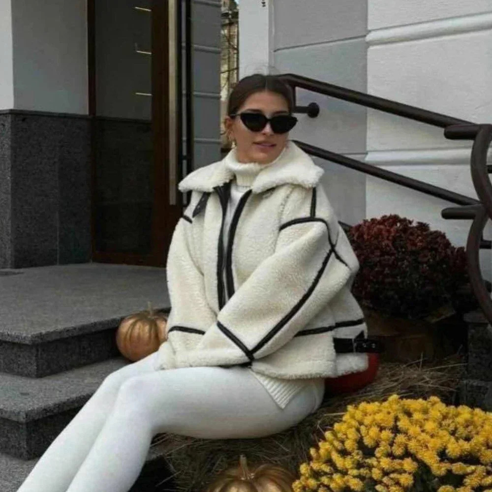 Suninhart Winter Warm Wool Jacket Casual Loose Thick Coat Contrast Color Integrated Artificial Wool Leather Jacket Plush Jacket for Women 241214