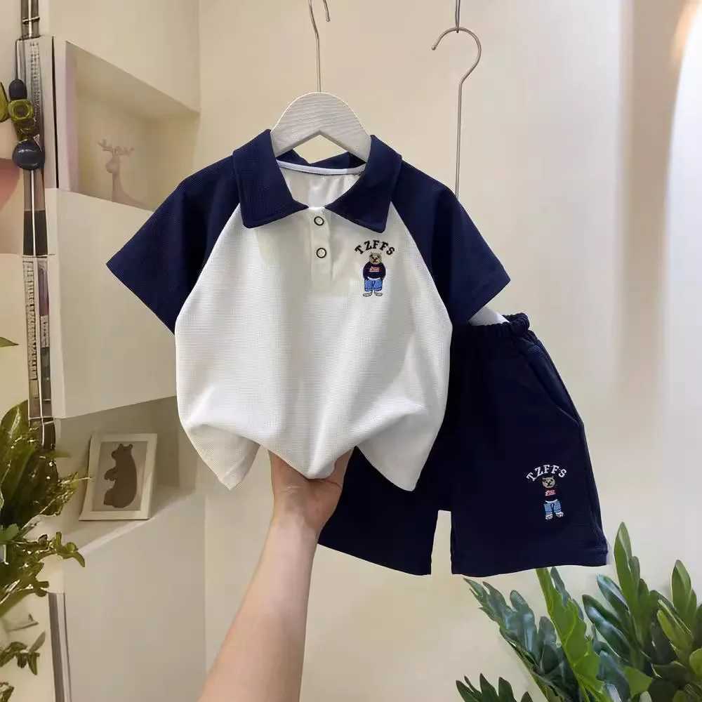 Clothing Sets Summer Teenage Boy Lapel Clothes Children Embroidery Cartoon Bear Tshirt and Shorts Set Kid Short Sleeve Top Buttom 2pcs Outfits H241214